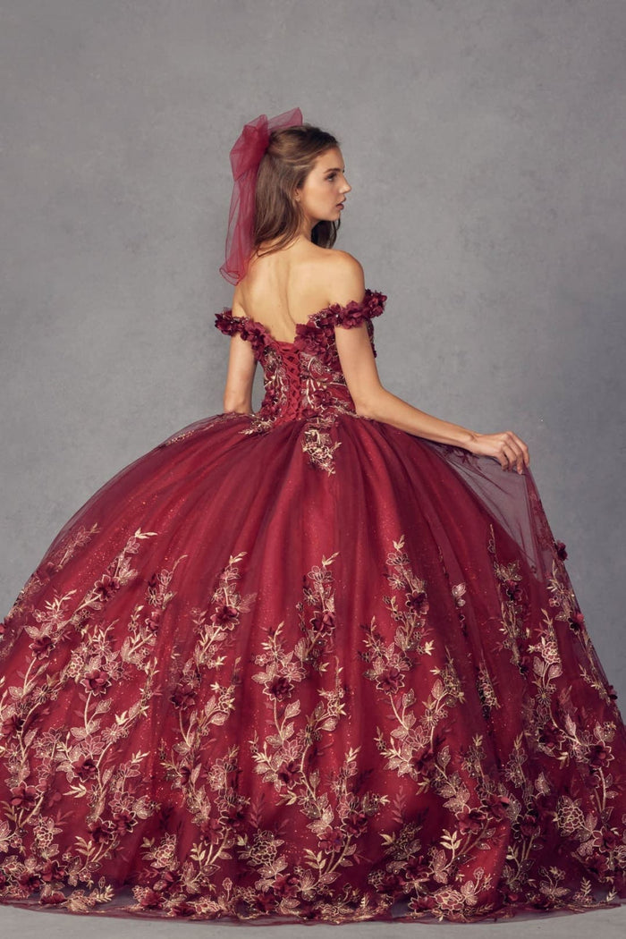 Juliet 1447 Off Shoulder 3D Floral Applique Sweet 16 Quince Ball Gown