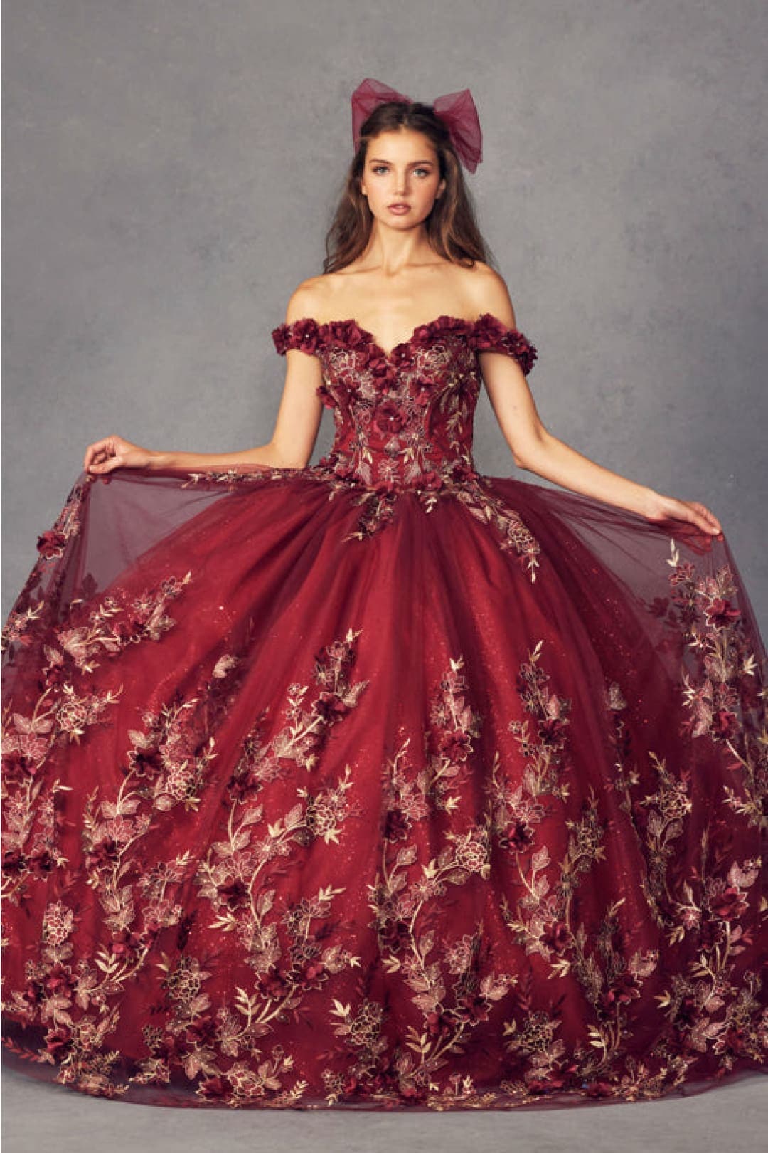 Juliet 1447 Off Shoulder 3D Floral Applique Sweet 16 Quince Ball Gown