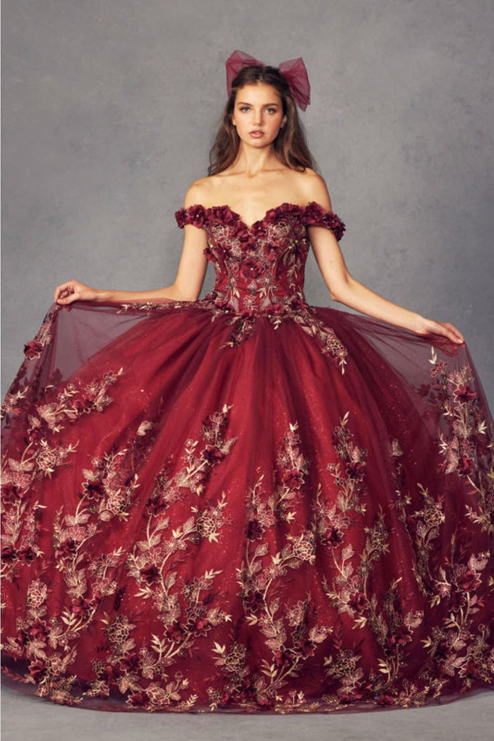 Juliet 1447 Off Shoulder 3D Floral Applique Sweet 16 Quince Ball Gown