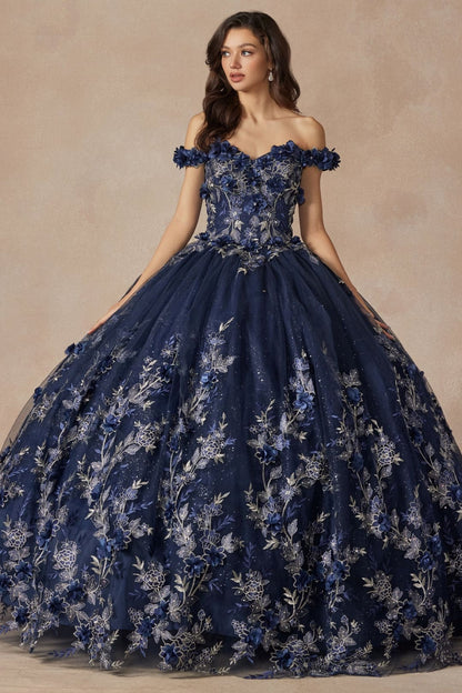 Juliet 1447 Off Shoulder 3D Floral Applique Sweet 16 Quince Ball Gown