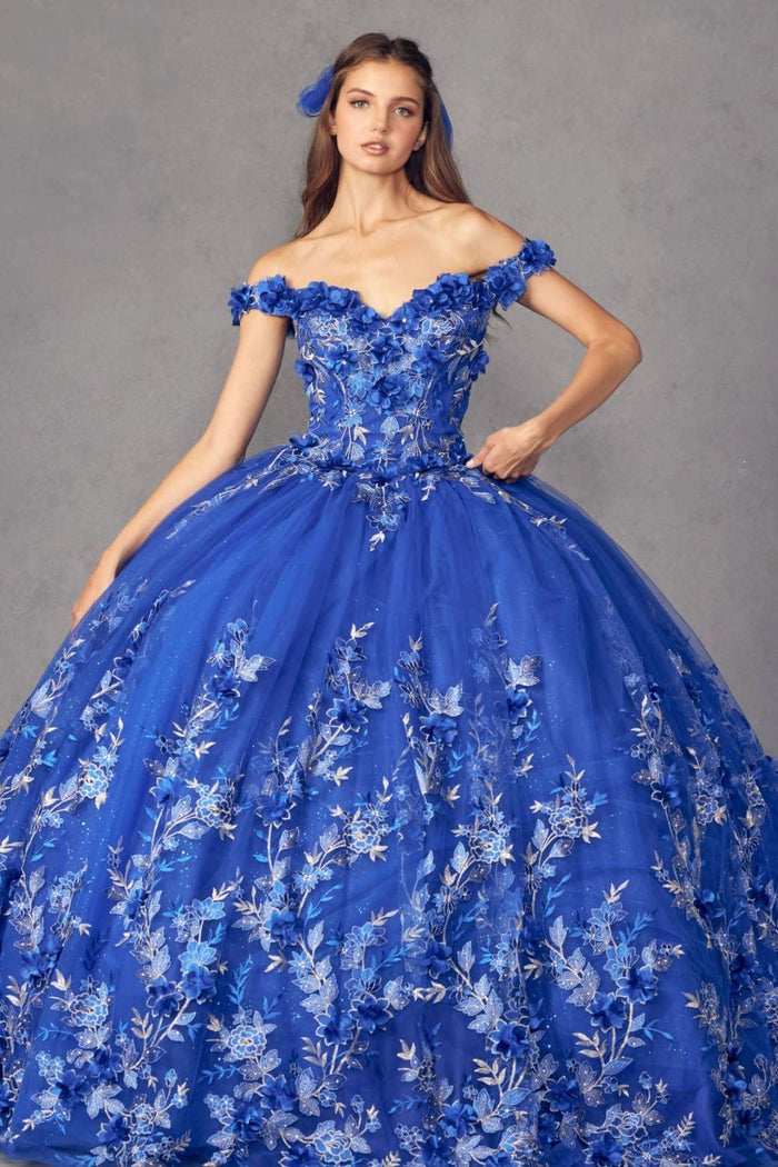 Juliet 1447 Off Shoulder 3D Floral Applique Sweet 16 Quince Ball Gown