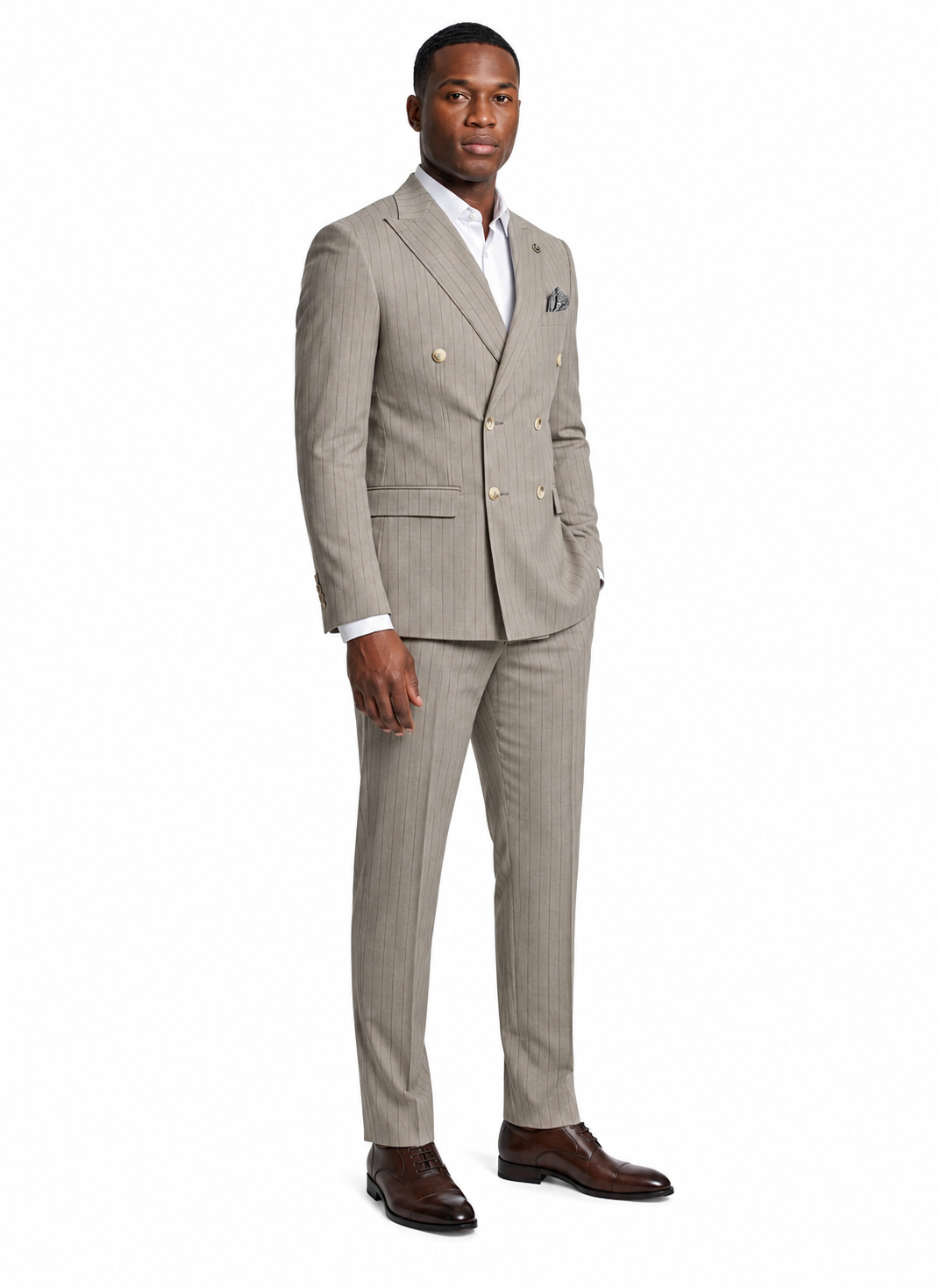 Khaki Pinstripe Double-Breasted Slim Fit 2-Piece Suit