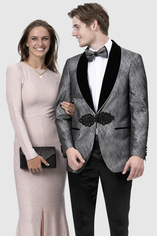 Mens Gray Tuxedo - Grey Wedding Suit-Mens Shiny Hatch Pattern Smoking Jacket In Charcoal Grey
