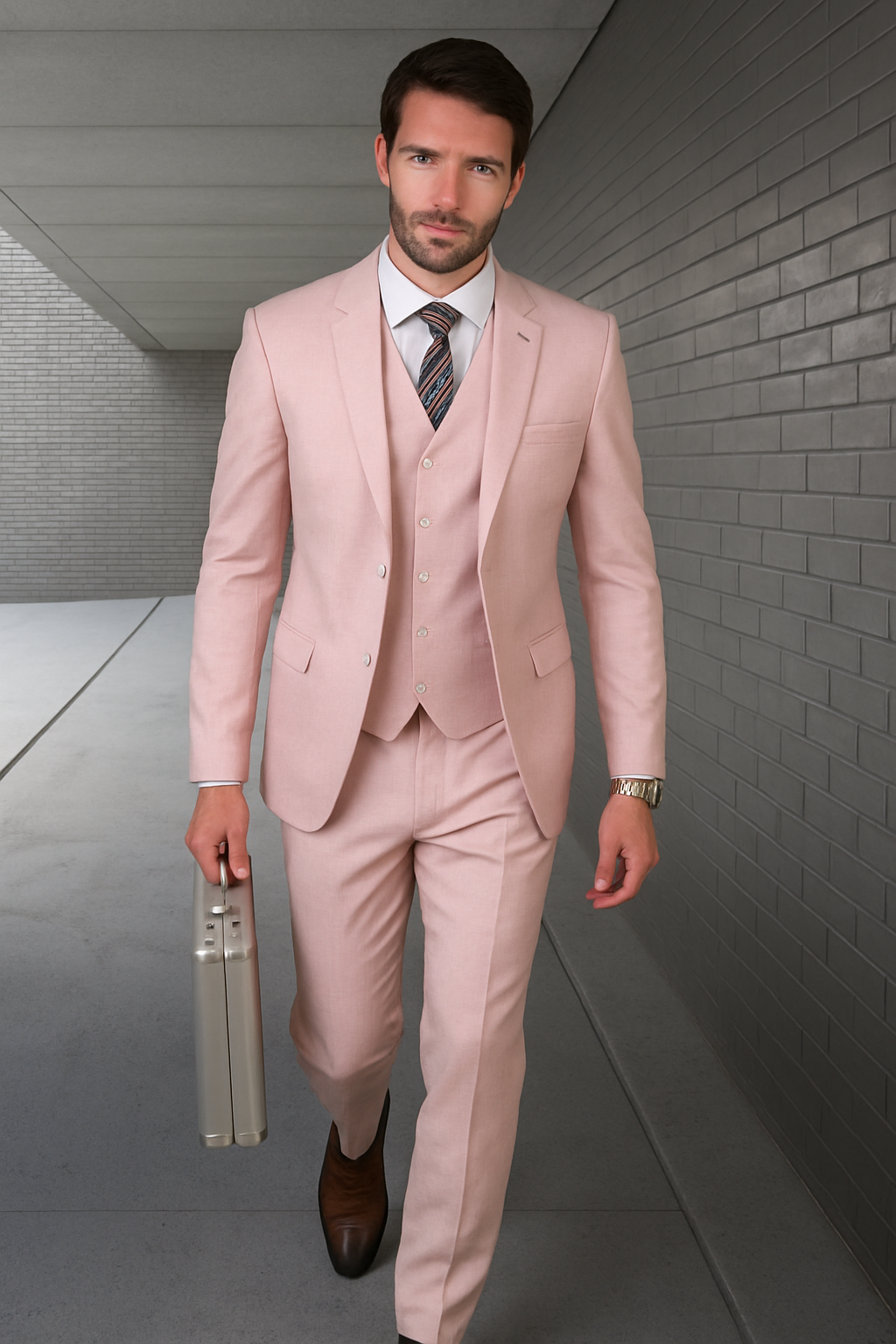 Mens 2 button Slim Fit Suit with Double Breasted Vest in Pink