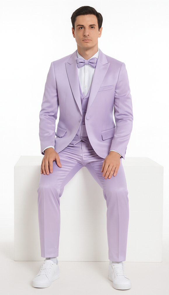 Tazzio Men's Lavender Satin 3 Piece Slim Fit Suit with Peak Lapel  Elegant Formalwear