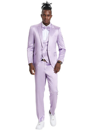 Men's One Button Vested Shiny Satin Sharkskin Prom & Wedding Lavender Party Suit - Men's Tuxedo USA