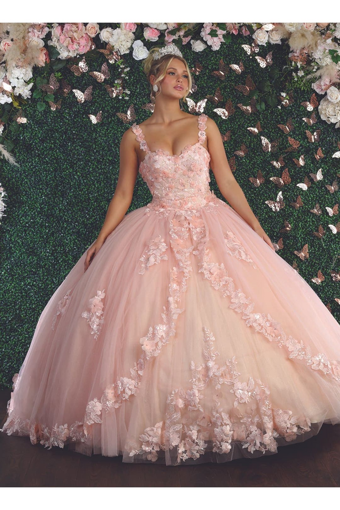 Sleeveless Glitter Floral Ball Quinceanera Gown