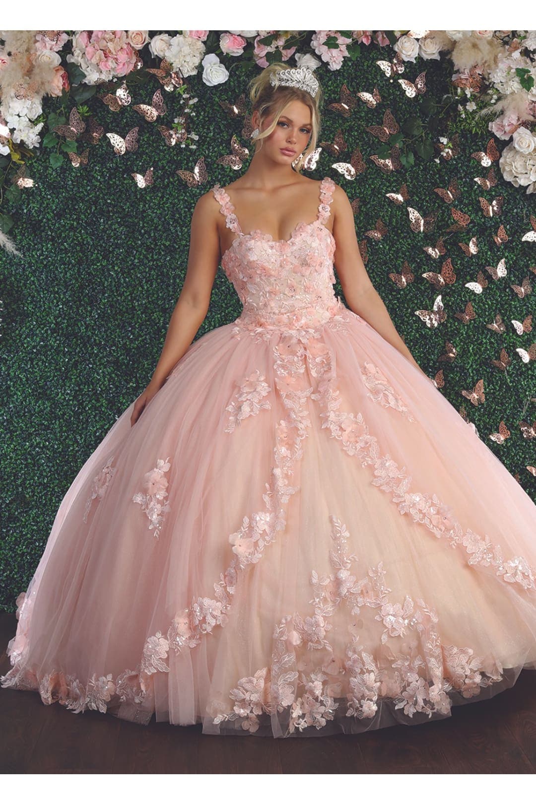 Sleeveless Glitter Floral Ball Quinceanera Gown