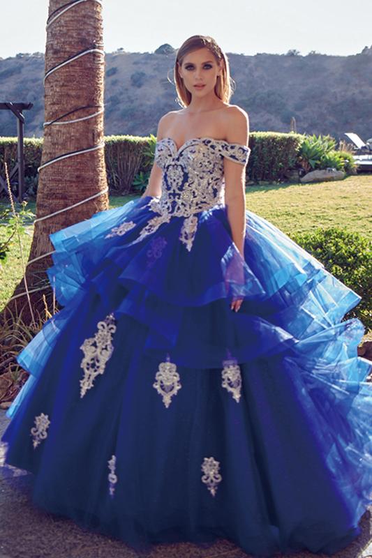 Juliet 1432 Layered Off Shoulder Metallic Embroidered Glitter Quinceanera Dress