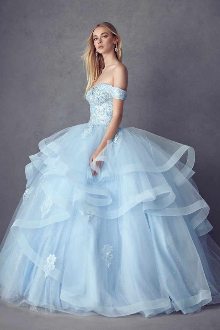 Juliet 1432 Layered Off Shoulder Metallic Embroidered Glitter Quinceanera Dress