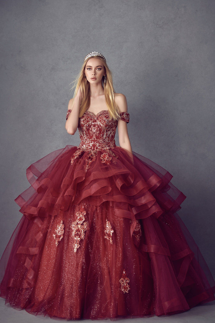 Juliet 1432 Layered Off Shoulder Metallic Embroidered Glitter Quinceanera Dress