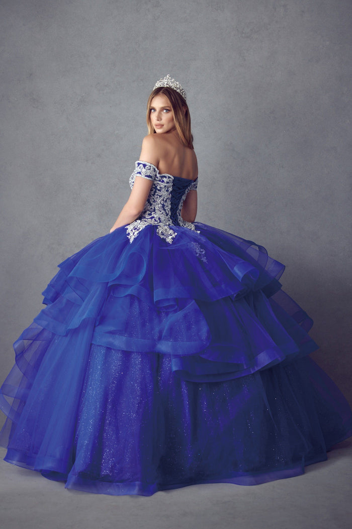 Juliet 1432 Layered Off Shoulder Metallic Embroidered Glitter Quinceanera Dress