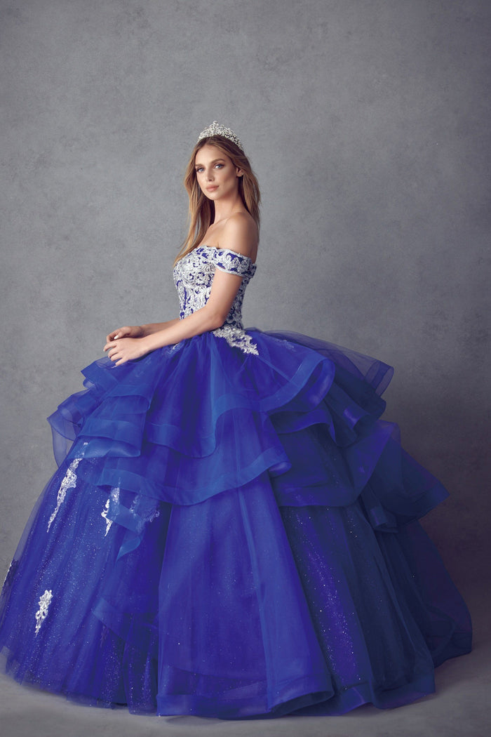 Juliet 1432 Layered Off Shoulder Metallic Embroidered Glitter Quinceanera Dress