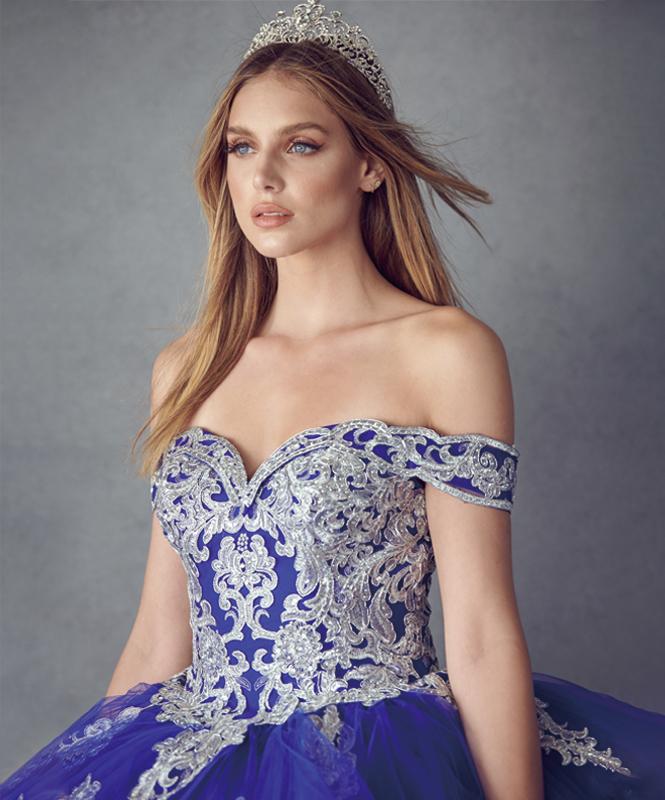 Juliet 1432 Layered Off Shoulder Metallic Embroidered Glitter Quinceanera Dress