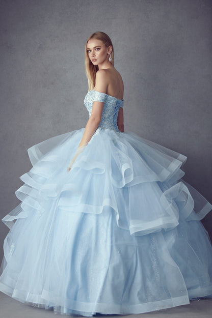 Juliet 1432 Layered Off Shoulder Metallic Embroidered Glitter Quinceanera Dress