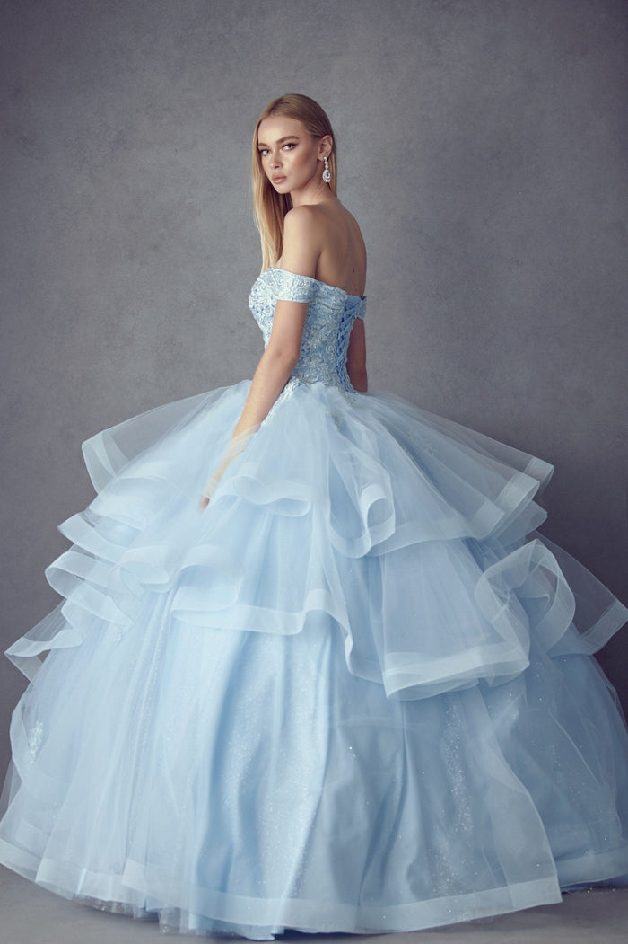 Juliet 1432 Layered Off Shoulder Metallic Embroidered Glitter Quinceanera Dress