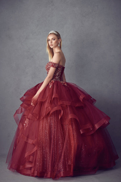 Juliet 1432 Layered Off Shoulder Metallic Embroidered Glitter Quinceanera Dress