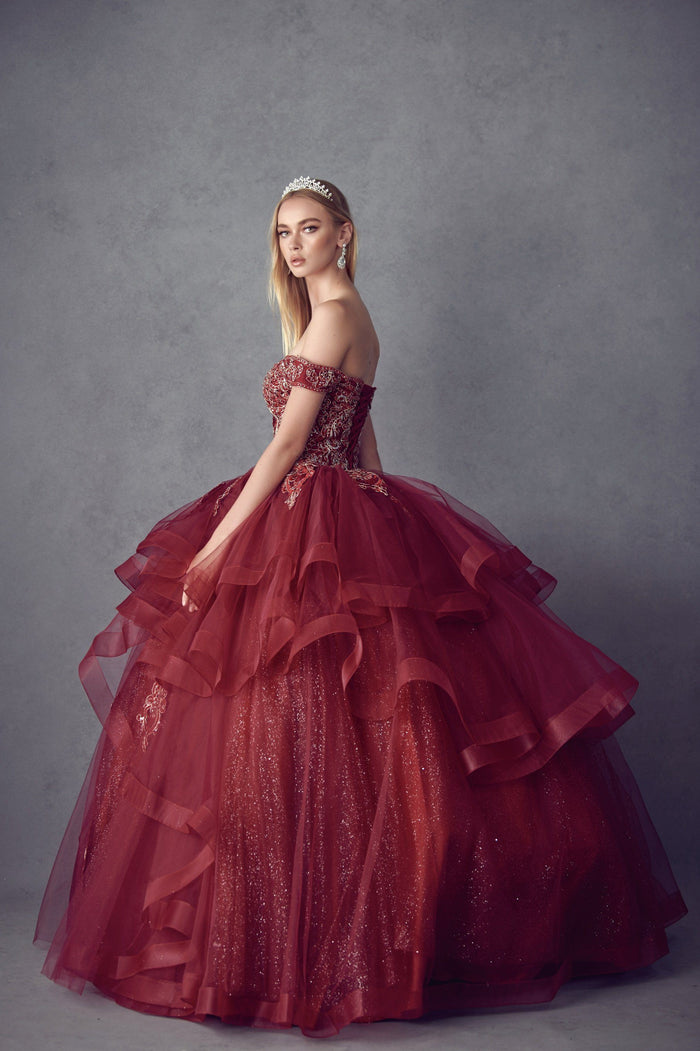 Juliet 1432 Layered Off Shoulder Metallic Embroidered Glitter Quinceanera Dress