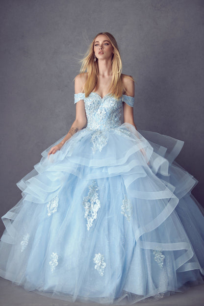 Juliet 1432 Layered Off Shoulder Metallic Embroidered Glitter Quinceanera Dress