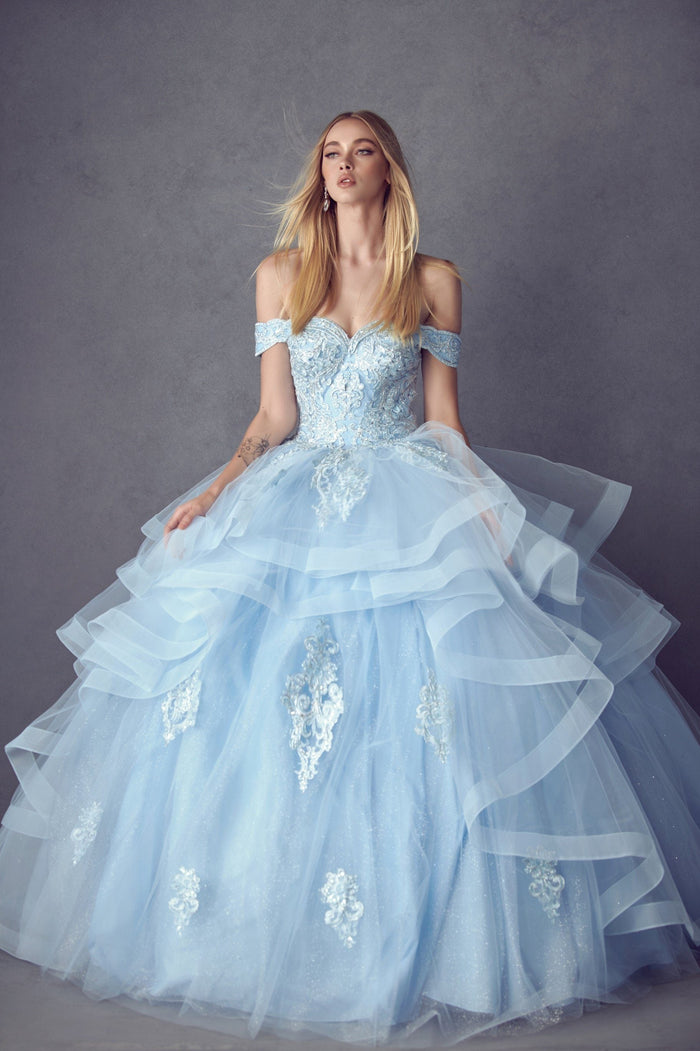 Juliet 1432 Layered Off Shoulder Metallic Embroidered Glitter Quinceanera Dress
