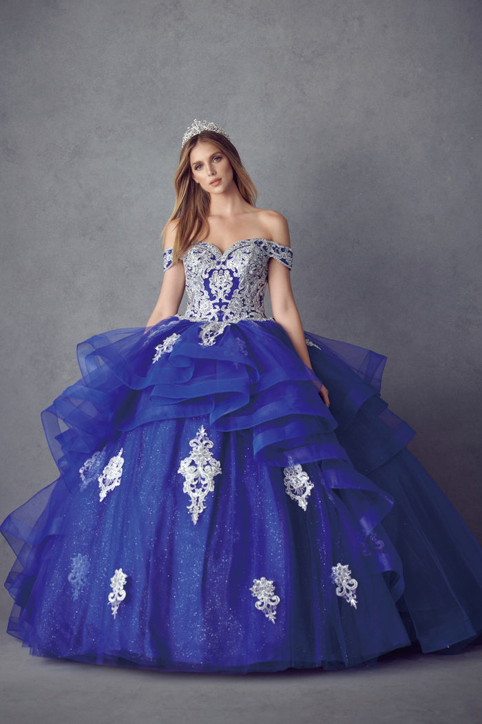 Juliet 1432 Layered Off Shoulder Metallic Embroidered Glitter Quinceanera Dress