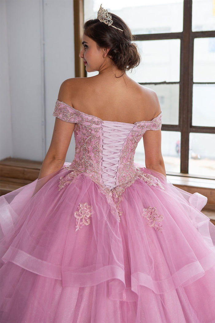 Layered Off-Shoulder Glitter Quinceañera Dress by Calla KY-018383