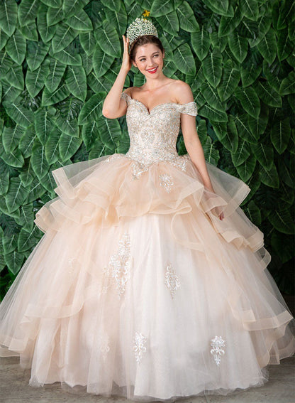 Layered Off-Shoulder Glitter Quinceañera Dress by Calla KY-018383
