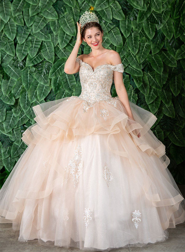 Layered Off-Shoulder Glitter Quinceañera Dress by Calla KY-018383
