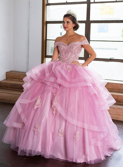 Layered Off-Shoulder Glitter Quinceañera Dress by Calla KY-018383