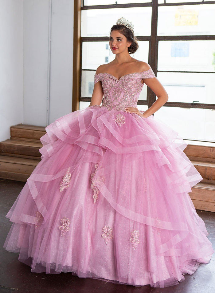 Layered Off-Shoulder Glitter Quinceañera Dress by Calla KY-018383