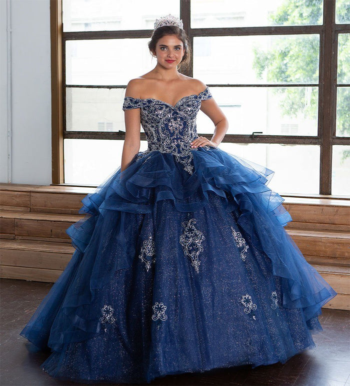 Layered Off-Shoulder Glitter Quinceañera Dress by Calla KY-018383