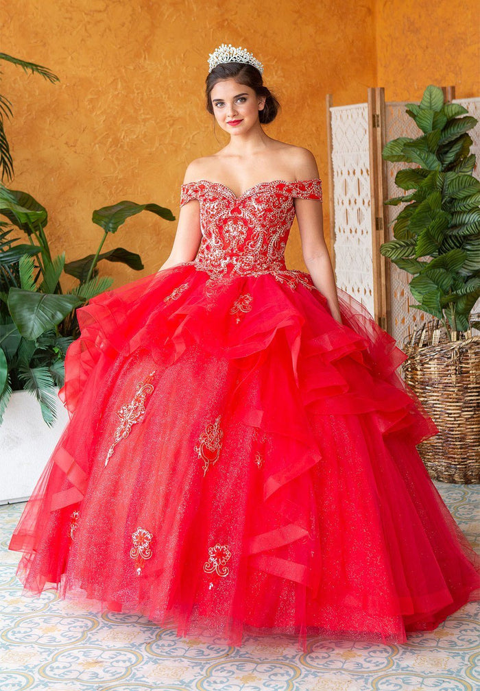 Layered Off-Shoulder Glitter Quinceañera Dress by Calla KY-018383