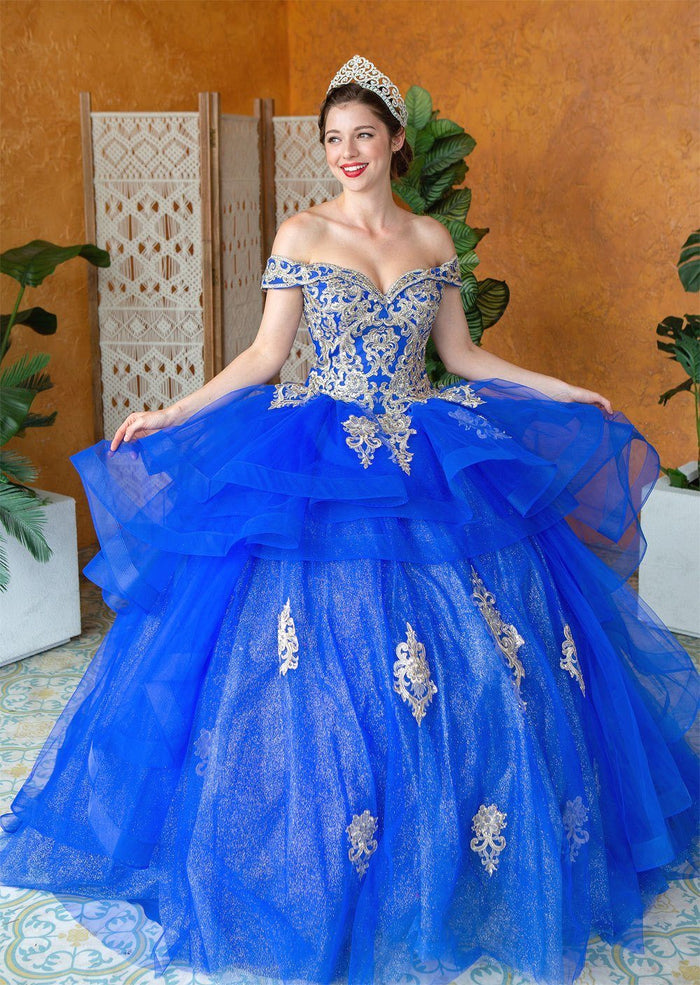 Layered Off-Shoulder Glitter Quinceañera Dress by Calla KY-018383