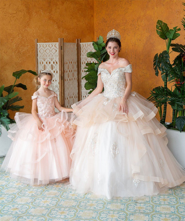 Layered Off-Shoulder Glitter Quinceañera Dress by Calla KY-018383