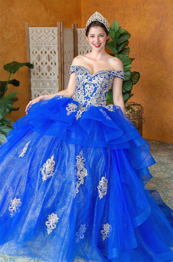 Layered Off-Shoulder Glitter Quinceañera Dress by Calla KY-018383