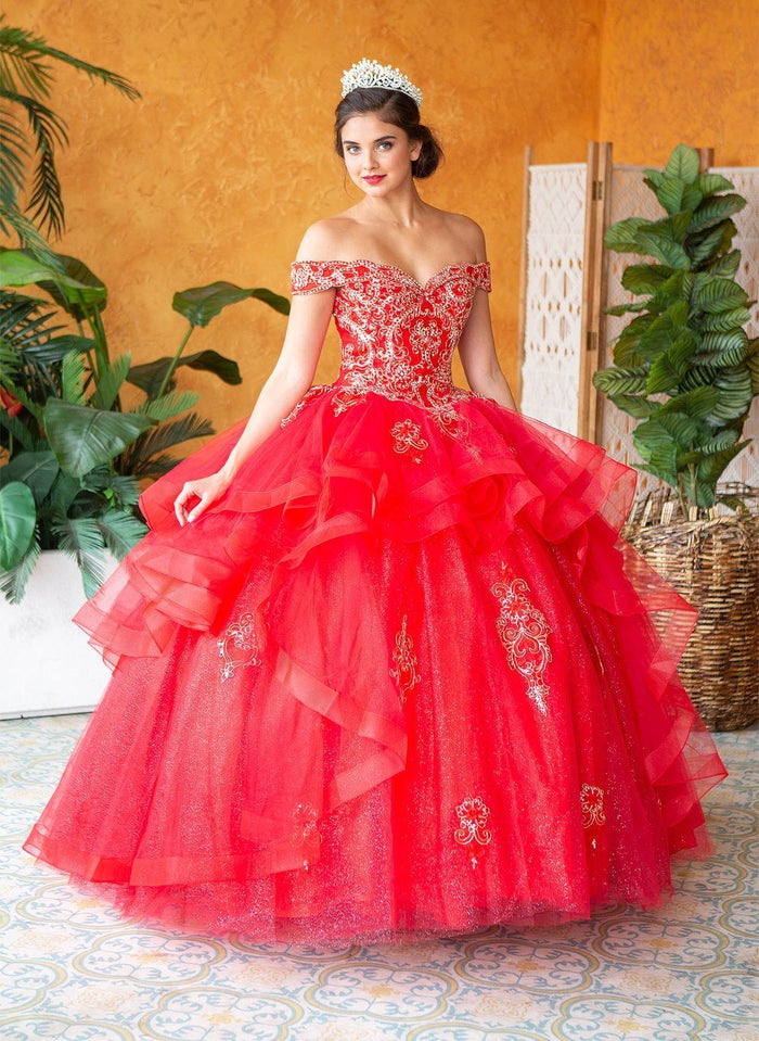 Layered Off-Shoulder Glitter Quinceañera Dress by Calla KY-018383