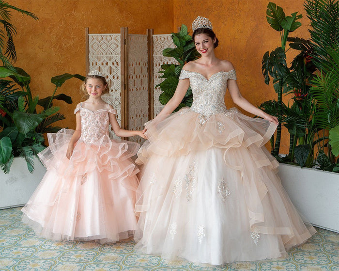 Layered Off-Shoulder Glitter Quinceañera Dress by Calla KY-018383