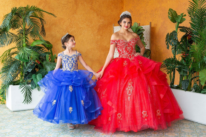 Layered Off-Shoulder Glitter Quinceañera Dress by Calla KY-018383