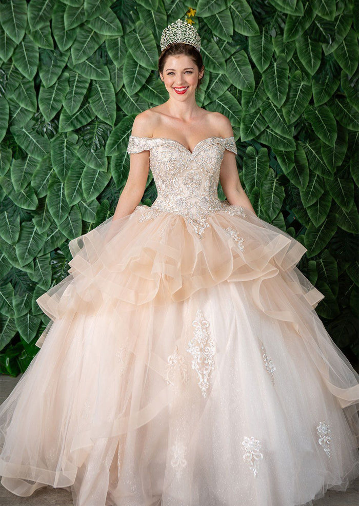 Layered Off-Shoulder Glitter Quinceañera Dress by Calla KY-018383
