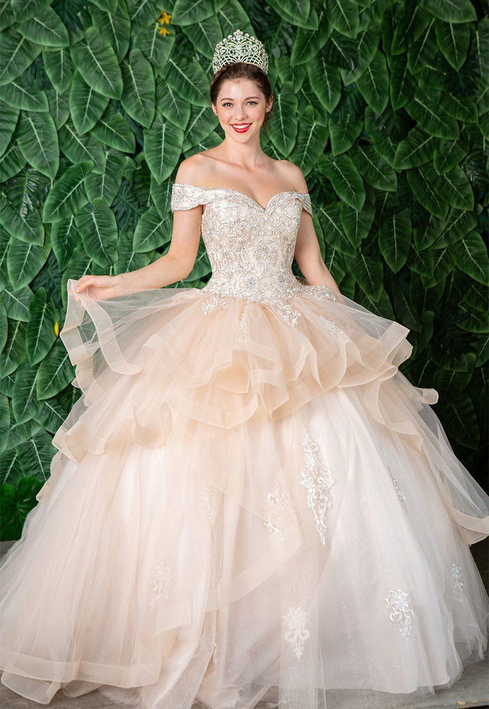Layered Off-Shoulder Glitter Quinceañera Dress by Calla KY-018383