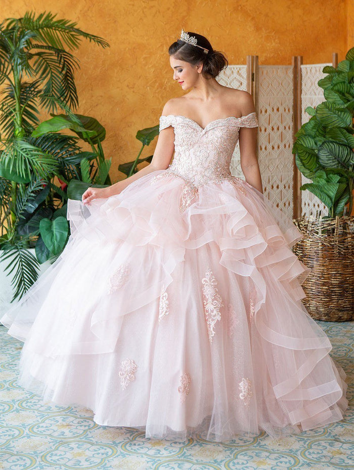 Layered Off-Shoulder Glitter Quinceañera Dress by Calla KY-018383
