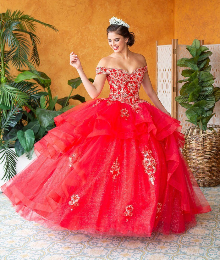 Layered Off-Shoulder Glitter Quinceañera Dress by Calla KY-018383