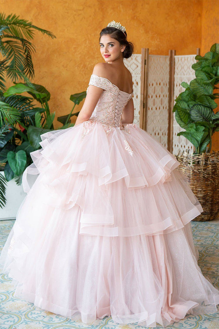 Layered Off-Shoulder Glitter Quinceañera Dress by Calla KY-018383