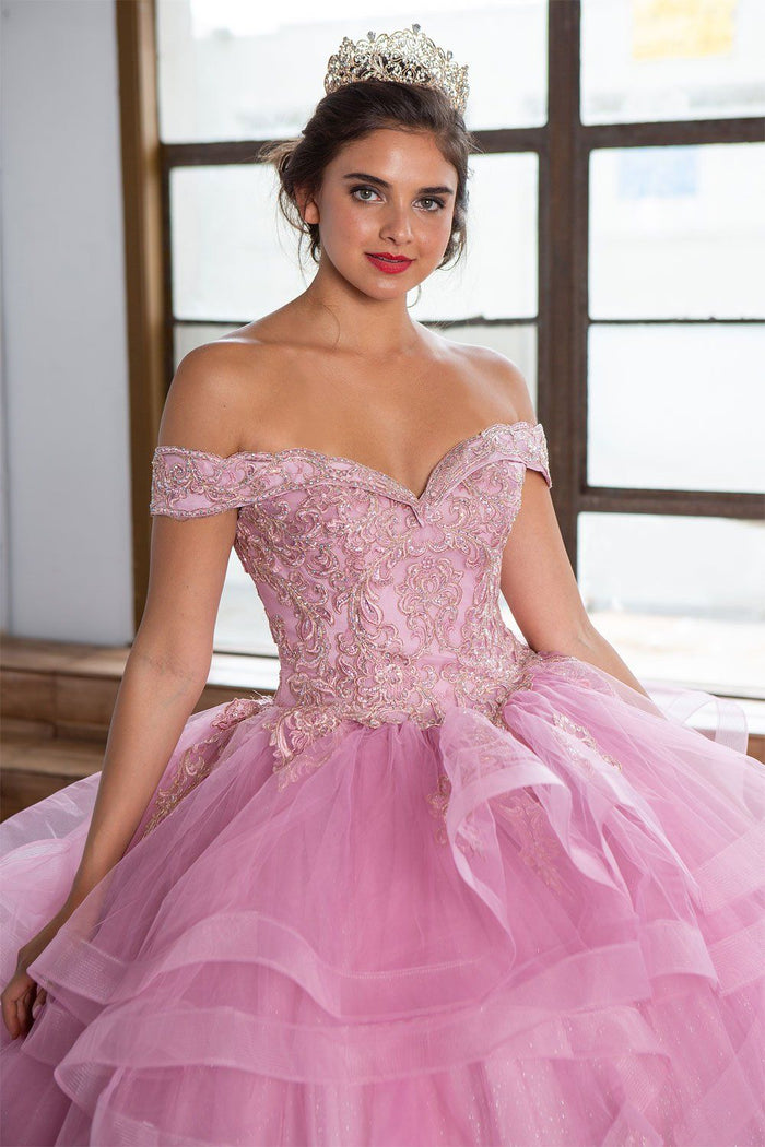 Layered Off-Shoulder Glitter Quinceañera Dress by Calla KY-018383