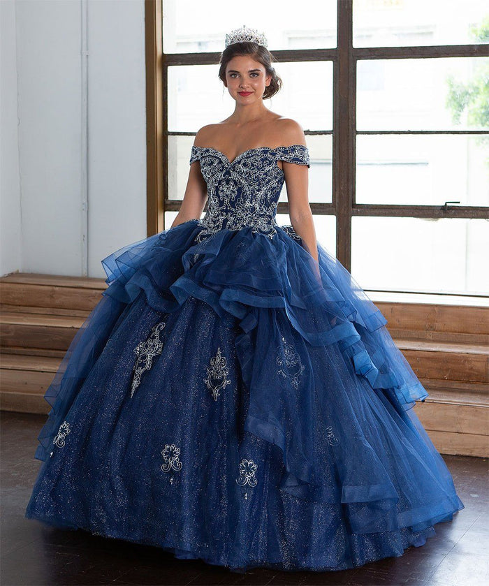 Layered Off-Shoulder Glitter Quinceañera Dress by Calla KY-018383