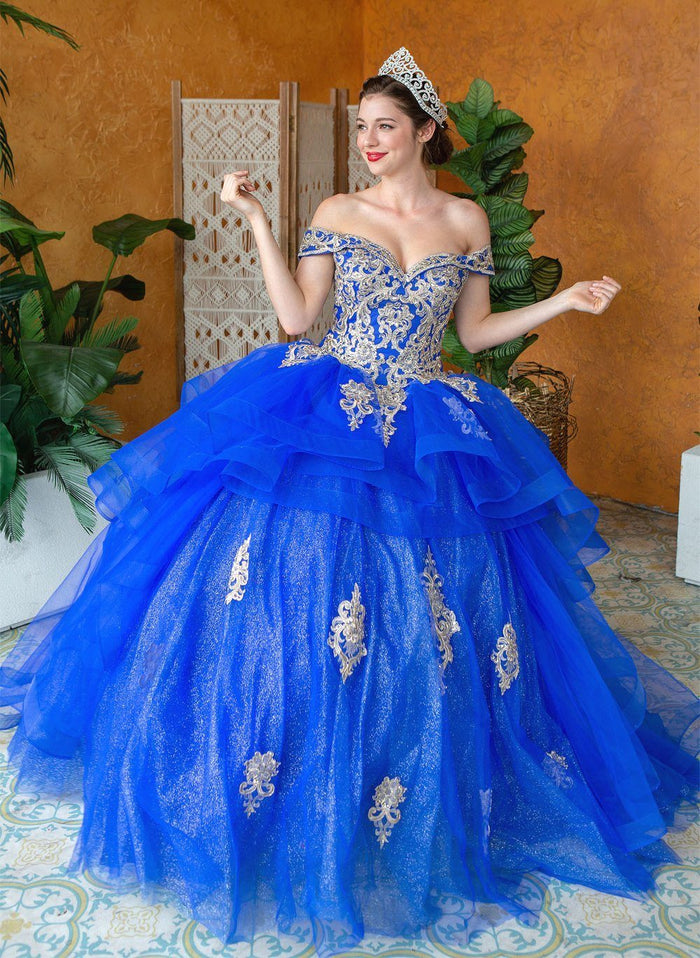 Layered Off-Shoulder Glitter Quinceañera Dress by Calla KY-018383