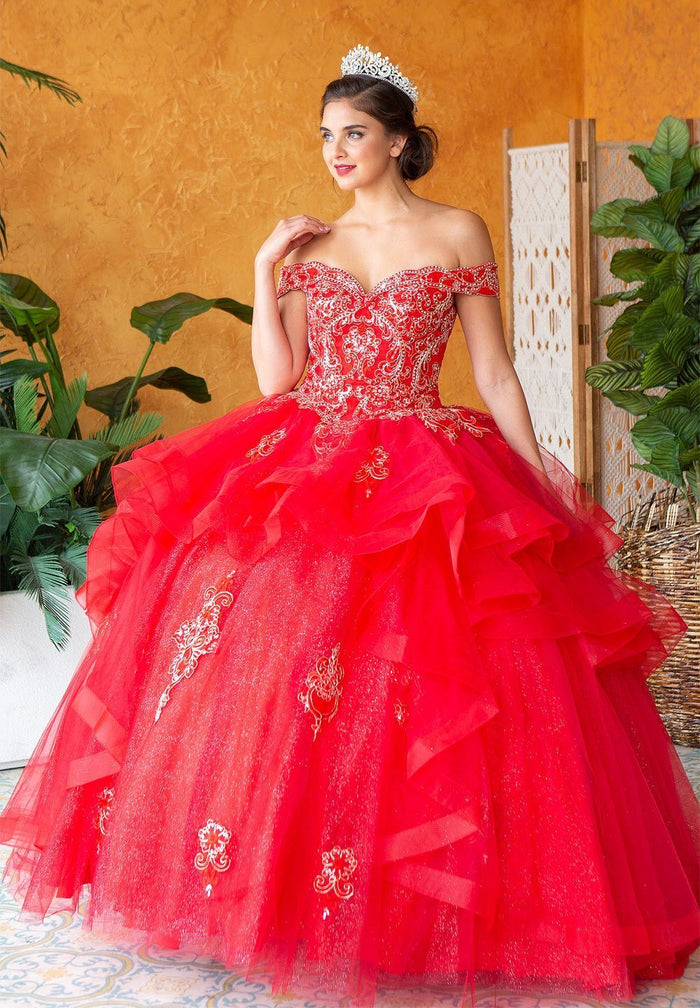 Layered Off-Shoulder Glitter Quinceañera Dress by Calla KY-018383