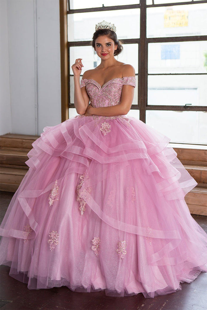 Layered Off-Shoulder Glitter Quinceañera Dress by Calla KY-018383