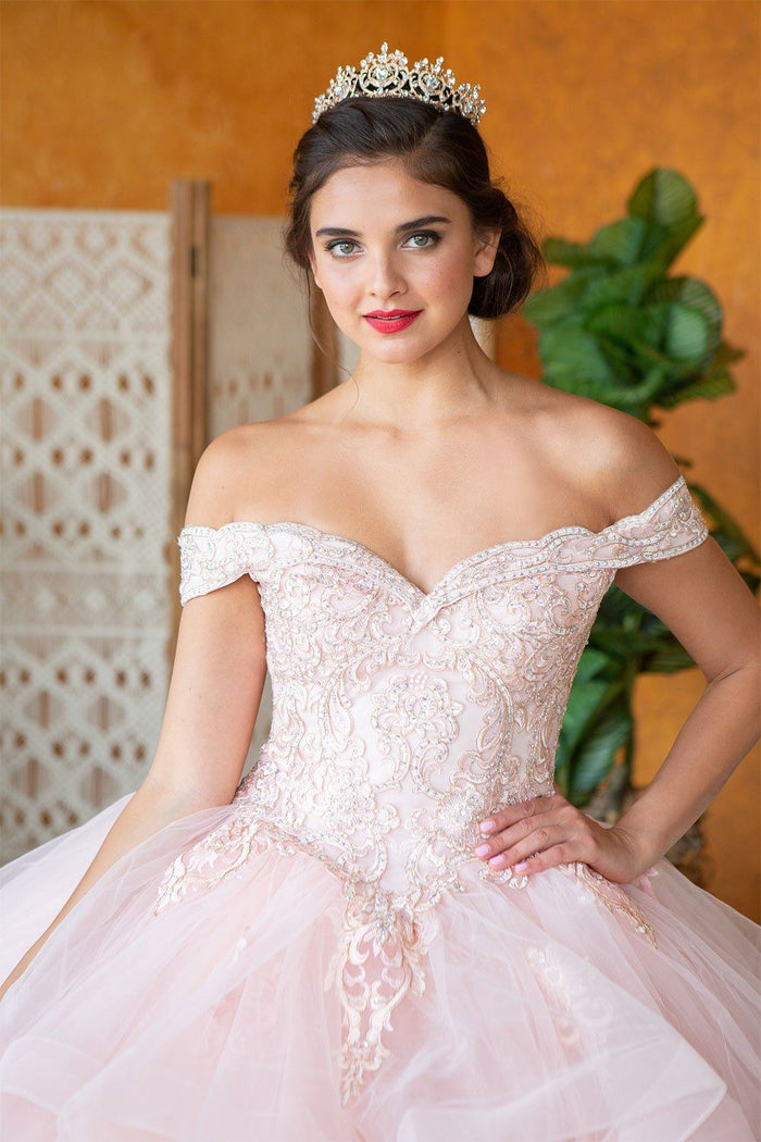 Layered Off-Shoulder Glitter Quinceañera Dress by Calla KY-018383
