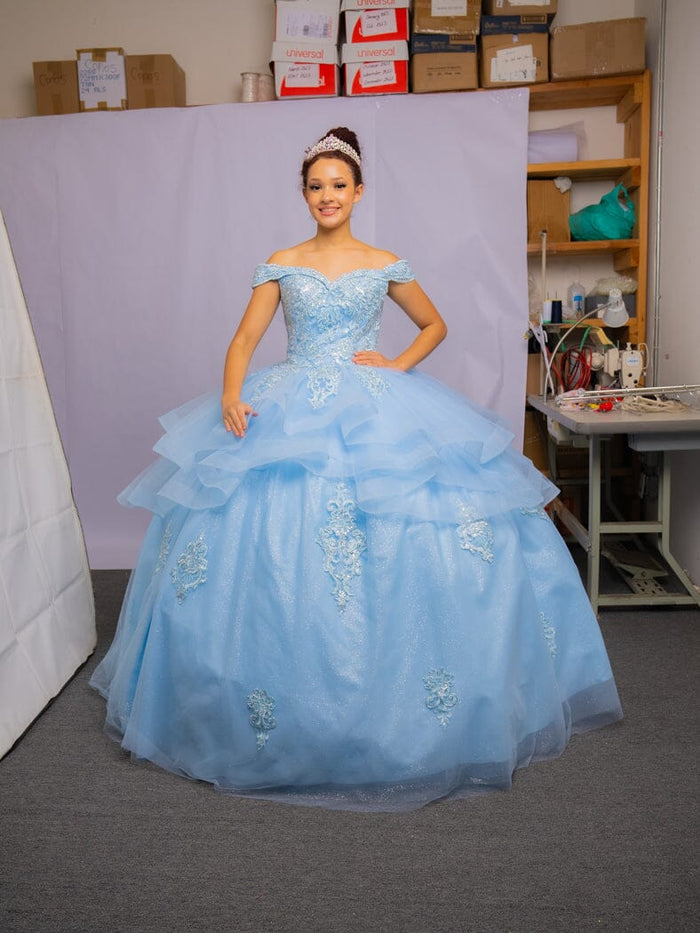 Layered Off-Shoulder Glitter Quinceañera Dress by Calla KY-018383